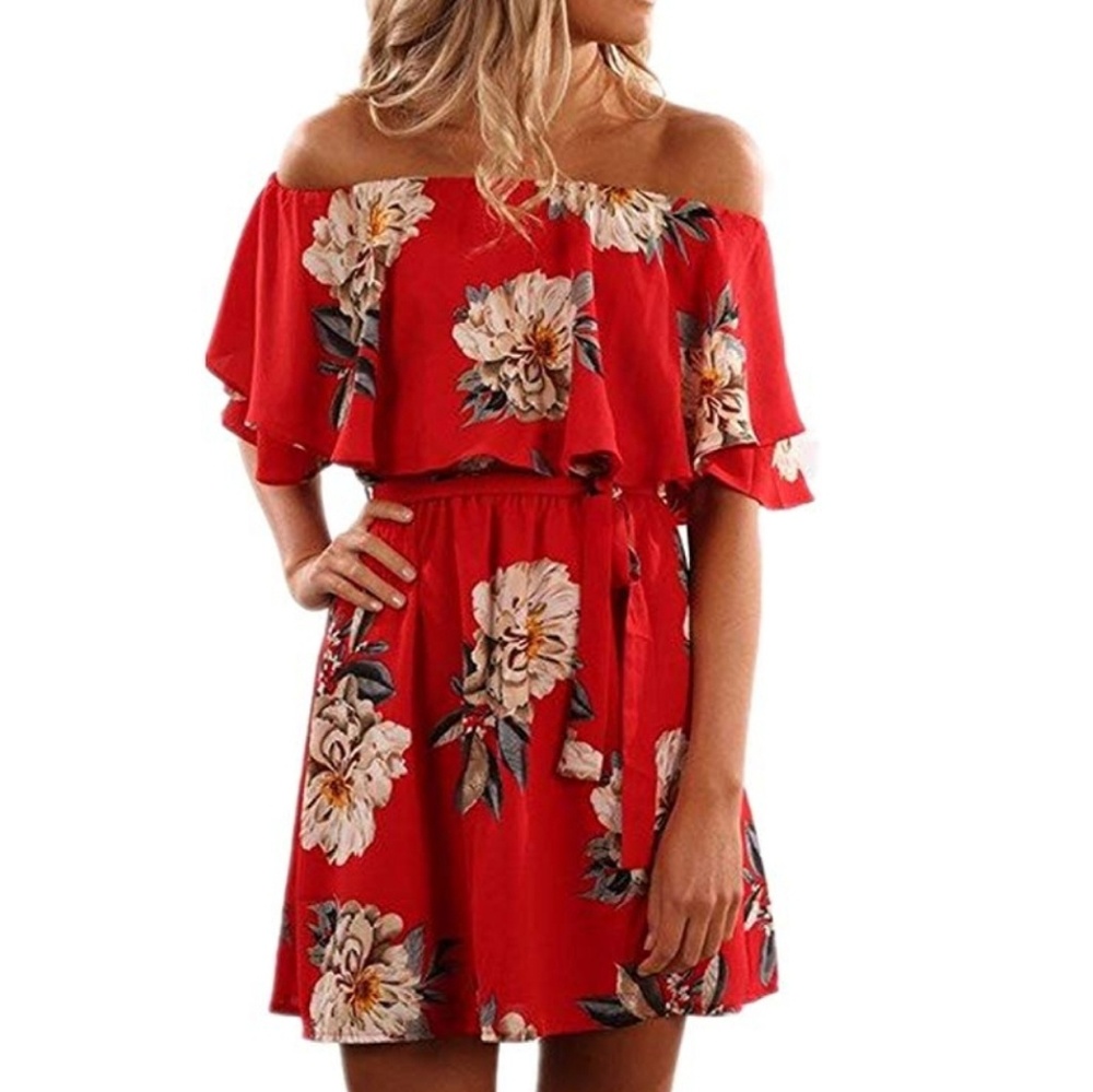 Floral Off Shoulder Ruffle Sleeve Boho Dress 